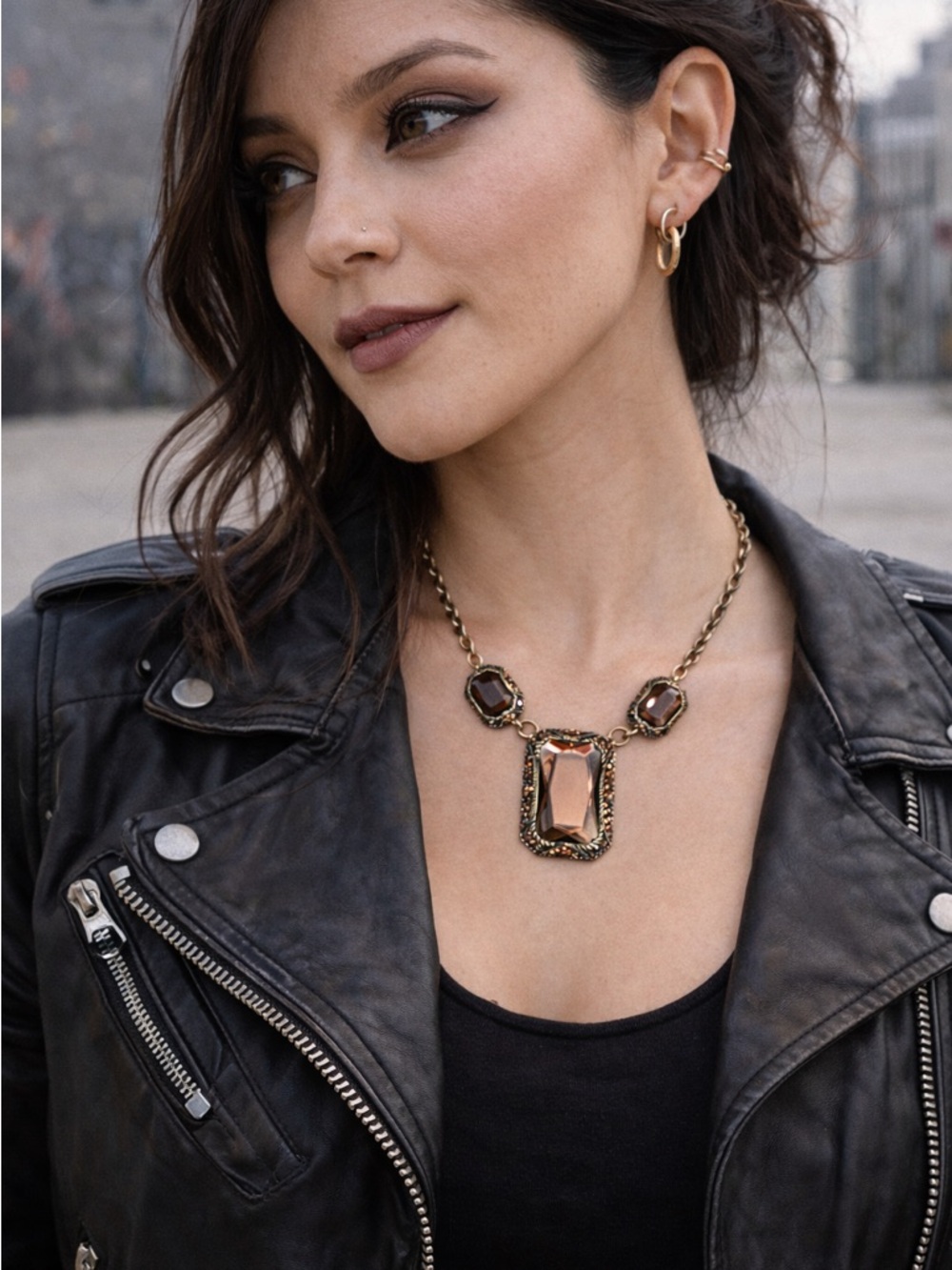 Antique Gold Faceted Stone Statement Necklace Vintage Glam